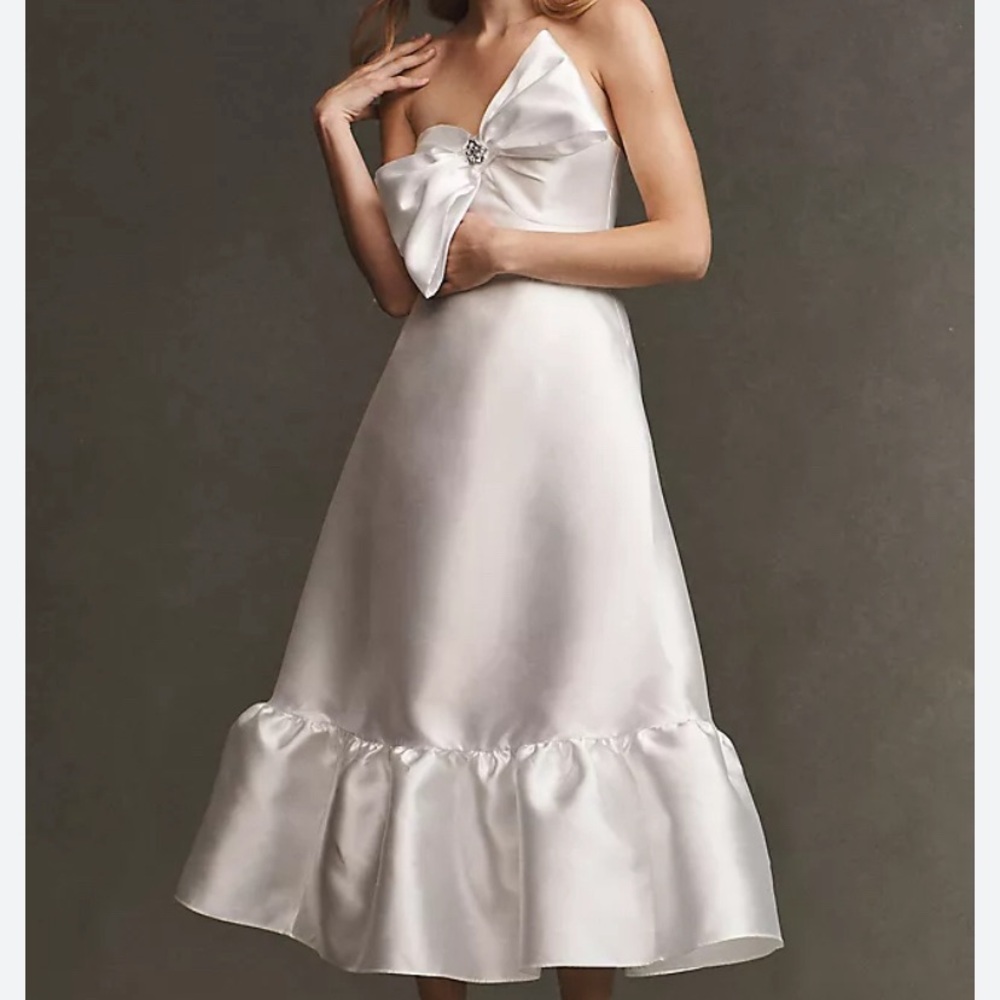 Strapless White Satin Midi Dress with Bow Detail